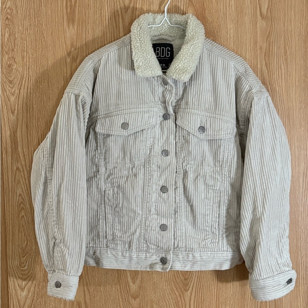 Anthropology BDG Cream Corduroy Sherpa Cropped Trucker Jacket